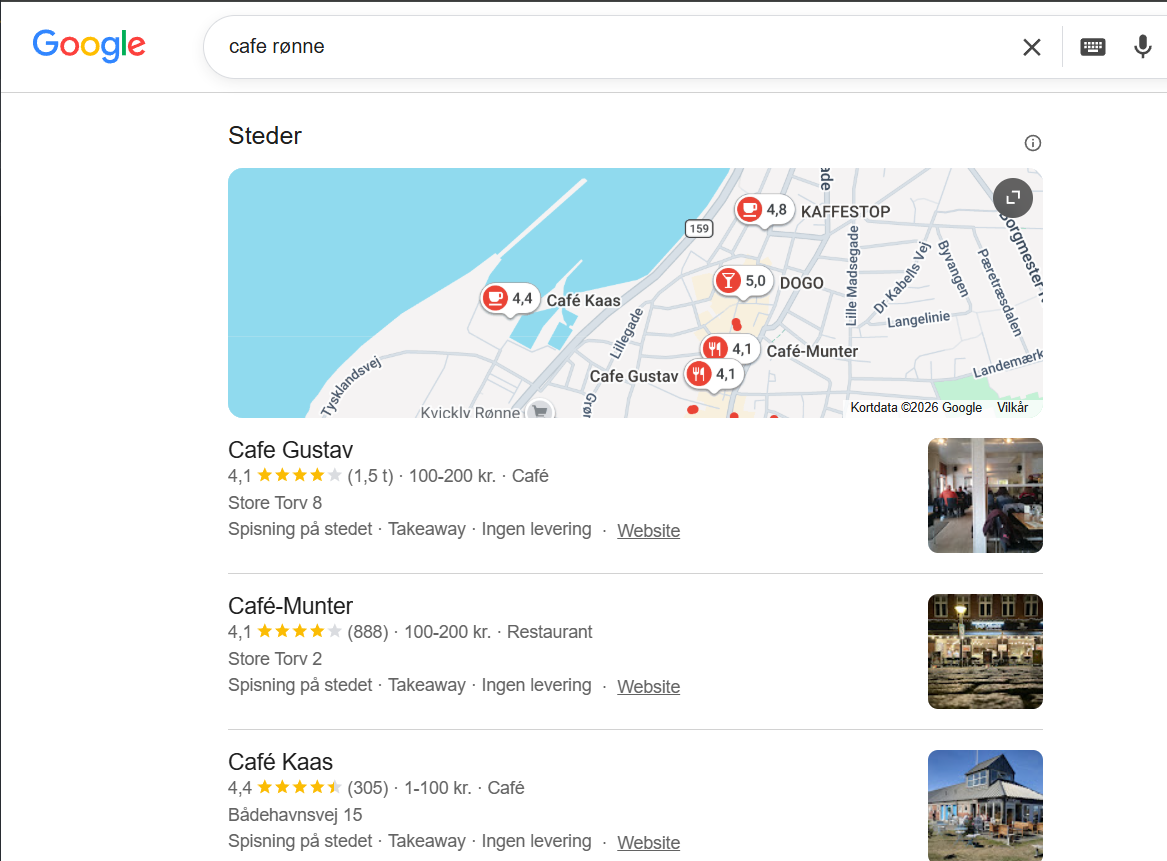 Google Local Maps søgeresultat for café Rønne med tre lokale virksomheder øverst